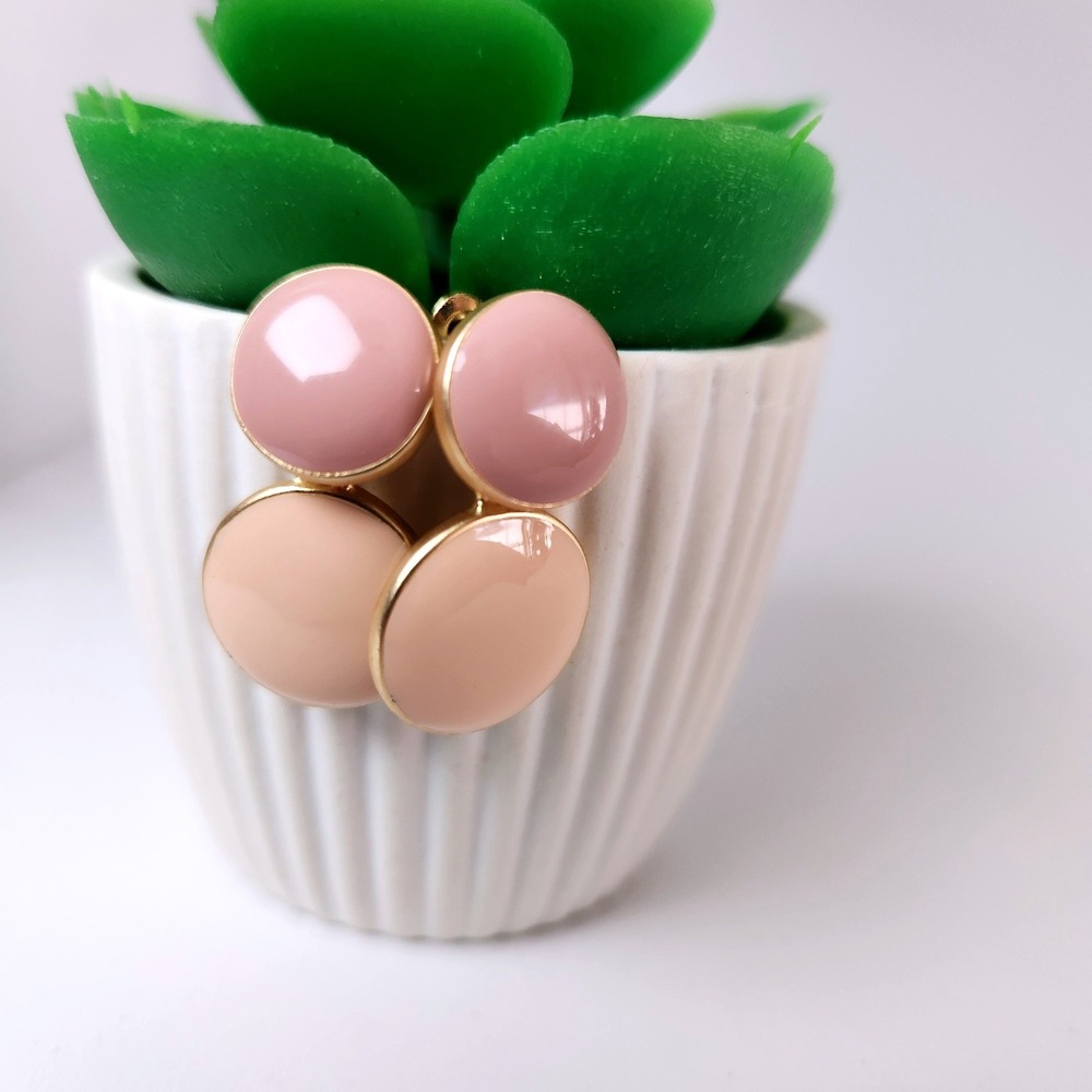 Pink Peach Enamel Drop Earrings Gold Tone Round Stacked Disc Dangle 1.25"